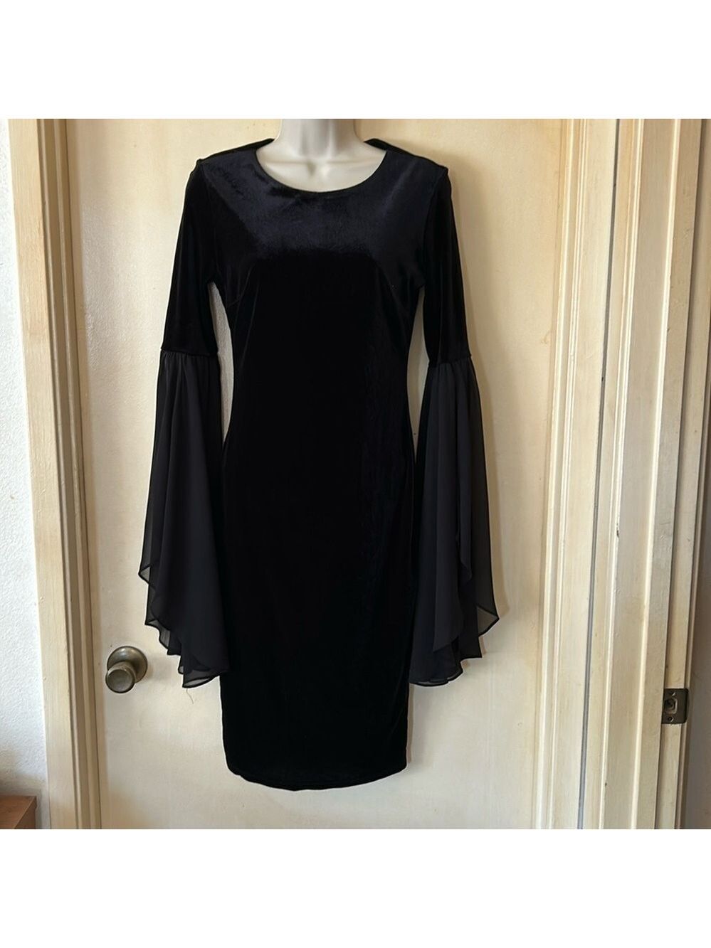 New York & Company black velvet sheath dress with sheer sleeves size S